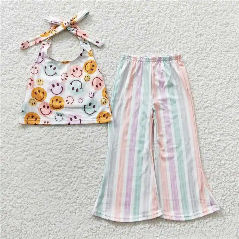 Комплект брюк для девочек с оранжевым цветочным узором на шее и разноцветной полосой для маленьких девочек, Комплект одежды для бутиков, Детский комплект