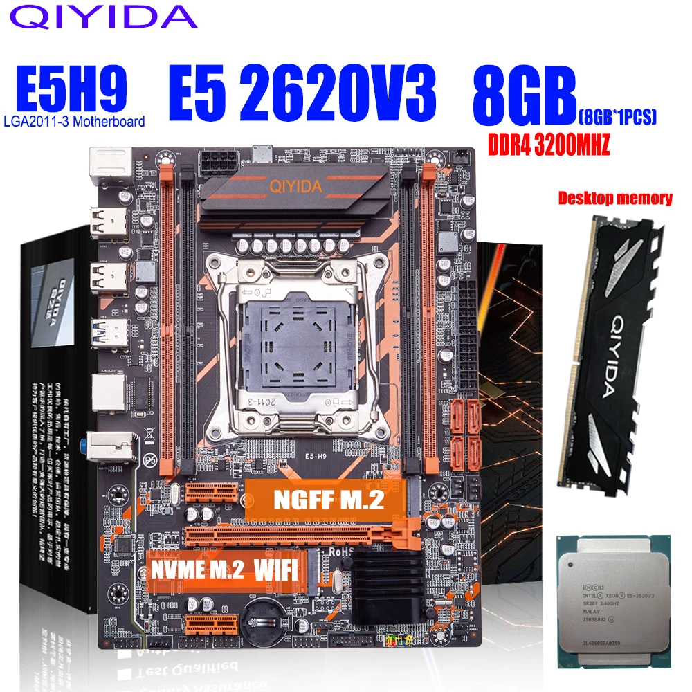 Комплект материнской платы QIYIDA X99 с LGA2011-3 XEON E5 2620V3 1*8G DDR4 3200 МГЦ Комбинированный комплект настольной памяти NVME USB3.0 MATX Server E5H9