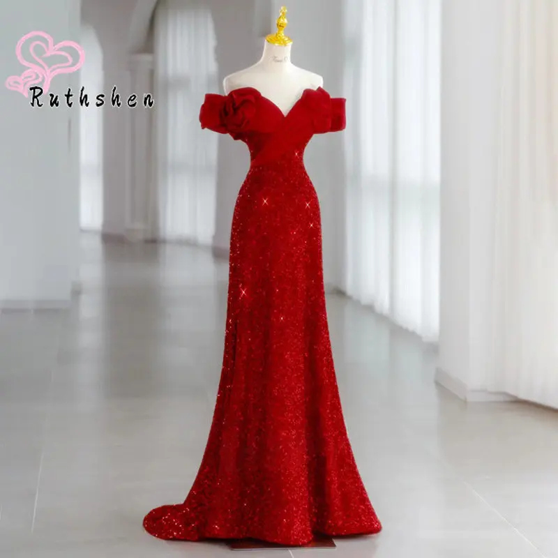 Красное вино, роскошное женское вечернее платье с пайетками и рыбьим хвостом, 2023, с открытыми плечами, сшитое на заказ, плиссированное вечернее платье Vestido Longo