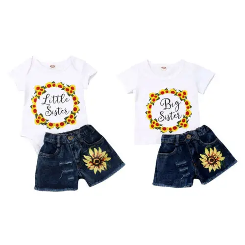Лето 2019 г., топы с подсолнухом для маленькой девочки и сестры, футболка, комбинезон + джинсовые шорты, комплект одежды из 2 предметов