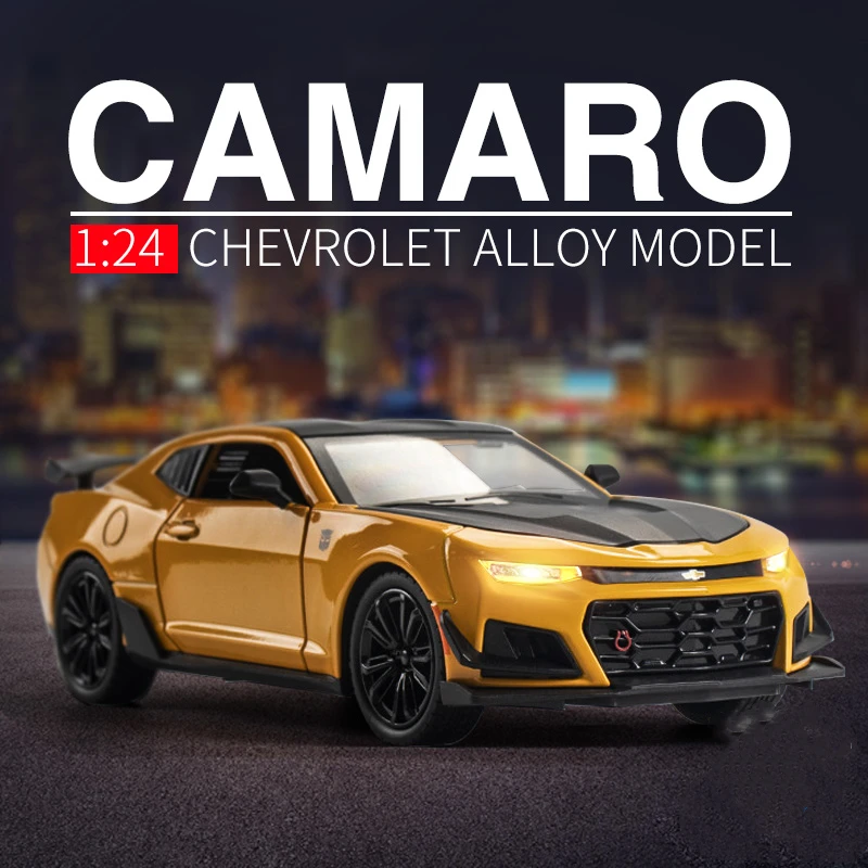 Литая под давлением модель спортивного автомобиля Camaro из сплава 1/24, имитация игрушечного транспортного средства, звук, свет, Откидывающаяся коллекция игрушек для детей, подарки