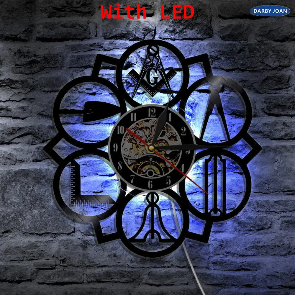 Масонский логотип Free Mason, светодиодные виниловые настенные часы, декоративный подвесной современный декор для дома, винтажный подарок, подсветка Silhouette LP