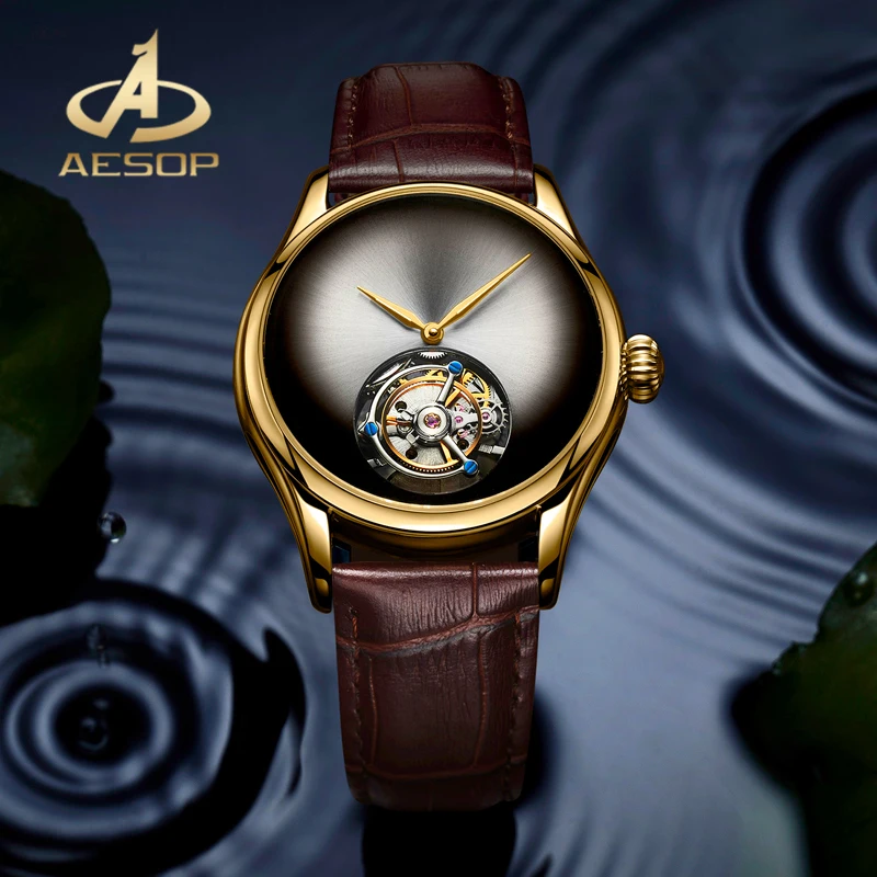 Механические мужские часы AESOP AAA + с настоящим турбийоном, золотой корпус из нержавеющей стали, часы с двусторонним сапфировым стеклом, водонепроницаемые часы