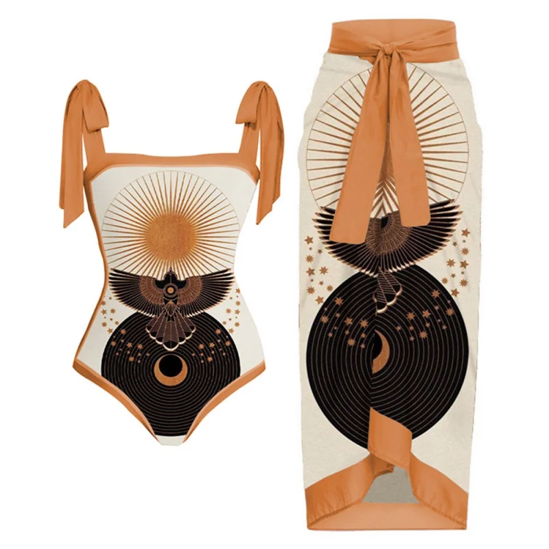 Модный купальник с юбкой и завязками с принтом, праздничное пляжное платье, дизайнерский купальник, Летняя одежда для серфинга