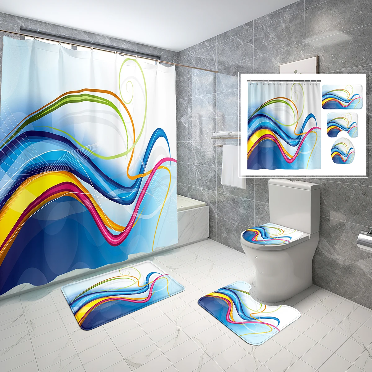 Наборы занавесок для душа Swirls из 4 предметов, водонепроницаемая занавеска для ванной с красочным рисунком в виде плавных линий, нескользящий коврик для ванной, набор чехлов для унитаза