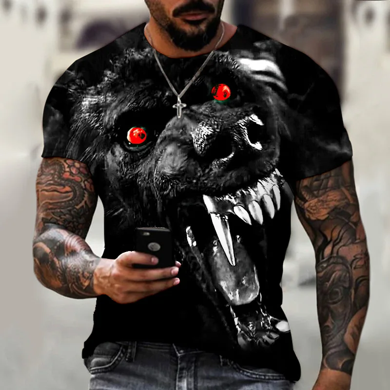 Новая летняя мужская футболка с 3D принтом Серии Black Beast and Wolf С короткими рукавами Оверсайз, Модная Уличная футболка в стиле Хип-хоп С круглым вырезом
