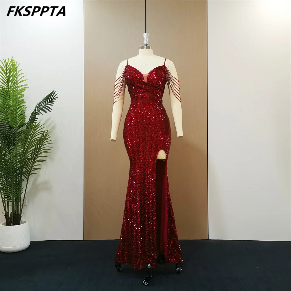 Новейшее вечернее платье бордового цвета с пайетками, расшитое блестящим бисером, длинные женские платья с разрезом сбоку в виде русалки для особого случая, свадебное платье для вечеринки
