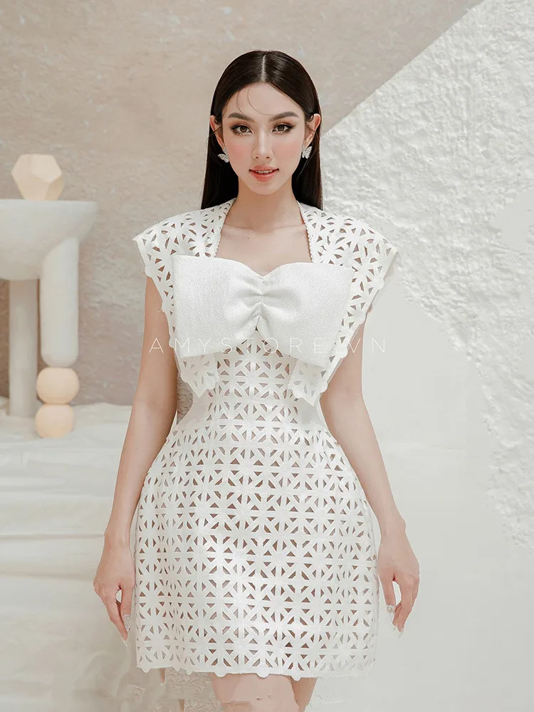 Новое модное дизайнерское кружевное платье для подиума 2023, летние белые платья с запахом на плечах и бантом, открытые Vestidos