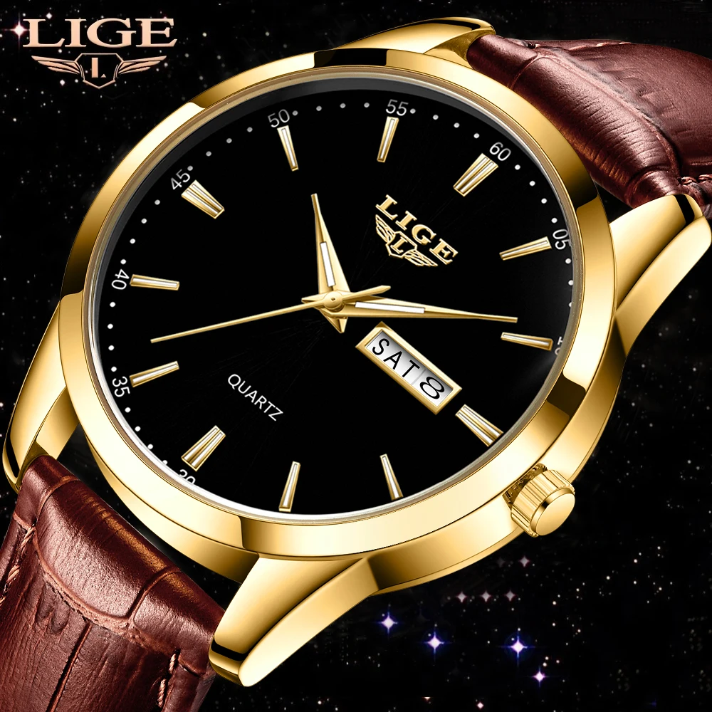 Новые мужские часы LIGE, Модные Кожаные часы высокого качества, Водонепроницаемые, Светящиеся, Дата недели, Лучший бренд класса Люкс, мужские Кварцевые наручные часы
