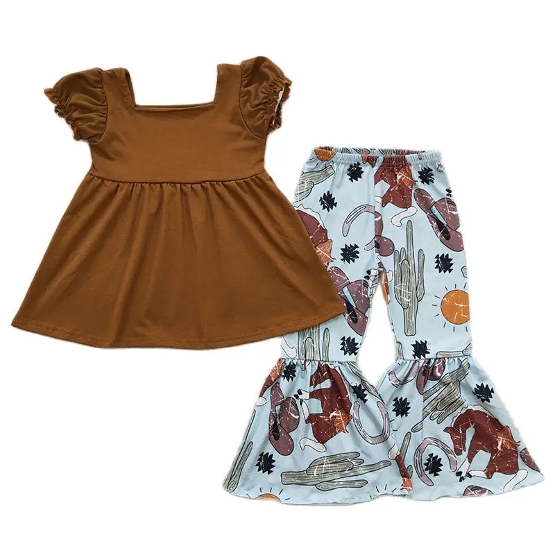 Оптовая продажа, наряд для маленьких девочек в стиле Вестерн с короткими рукавами, коричневый хлопковый топ, расклешенные штаны с рисунком кактуса, весенний детский комплект