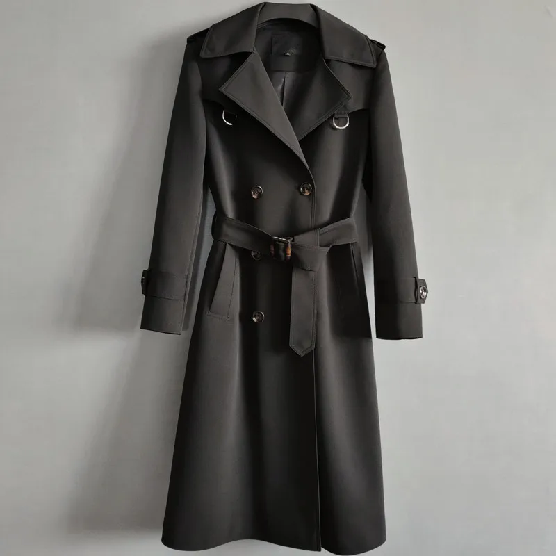 Осенняя мода, Хаки, черный, длинный тренч, женское Свободное повседневное пальто, Двубортная ветровка с поясом в английском стиле, женская