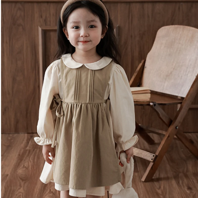 Платье для девочек, милый кукольный воротник с бантом, ретро Корейская версия, повседневный универсальный стиль принцессы 2023, Весна-осень, принцесса