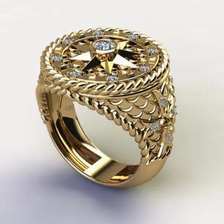 Позолоченная рулетка, инкрустированное стразами кольцо в форме панк-компаса, Персонализированное мужское украшение для коктейльной вечеринки, Обручальное кольцо