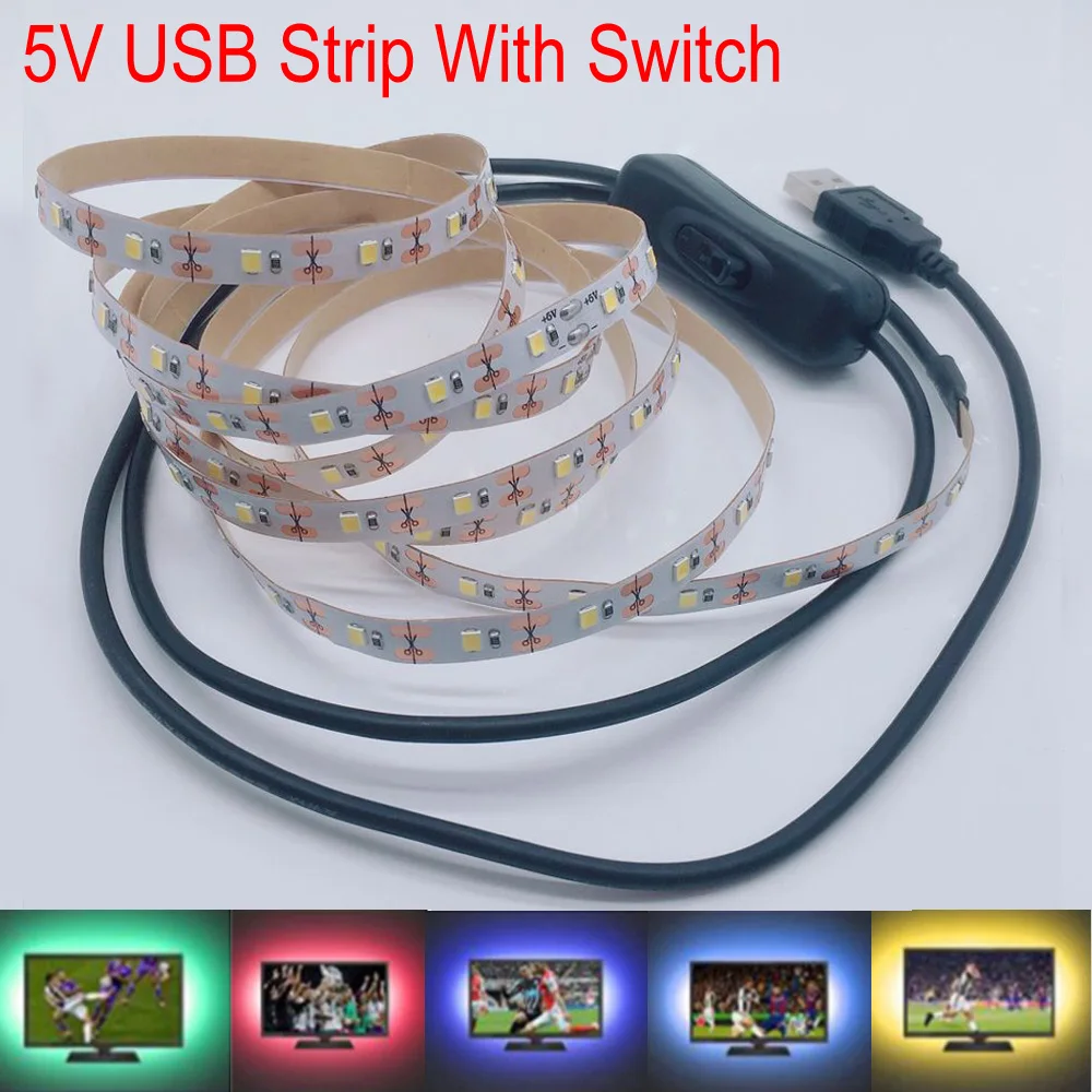 Светодиодная лента с питанием от USB 5 В RGB / белый / теплый белый 2835 3528 SMD HDTV-ТЕЛЕВИЗОР, подсветка экрана настольного ПК и смещенное освещение с переключателем