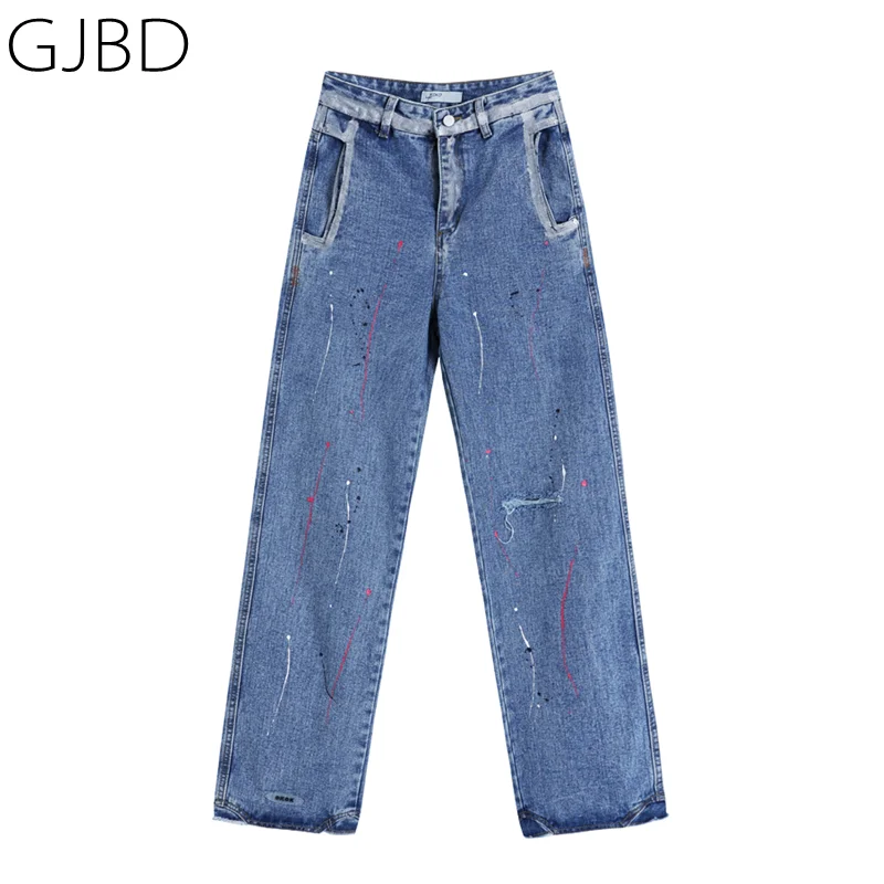 Синие рваные джинсы, женские с высокой талией, Весенняя новинка 2022 года, уличная одежда, Винтажные прямые брюки Splash Ink, Универсальные мешковатые джинсовые брюки