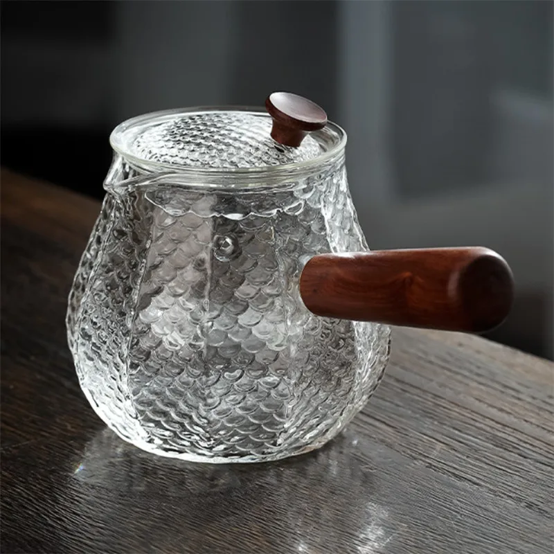 Чайник ручной работы из термостойкого боросиликатного стекла с высоким содержанием железа, чайник для заварки чая с деревянной ручкой, прозрачный чайник для кипячения, кофейник