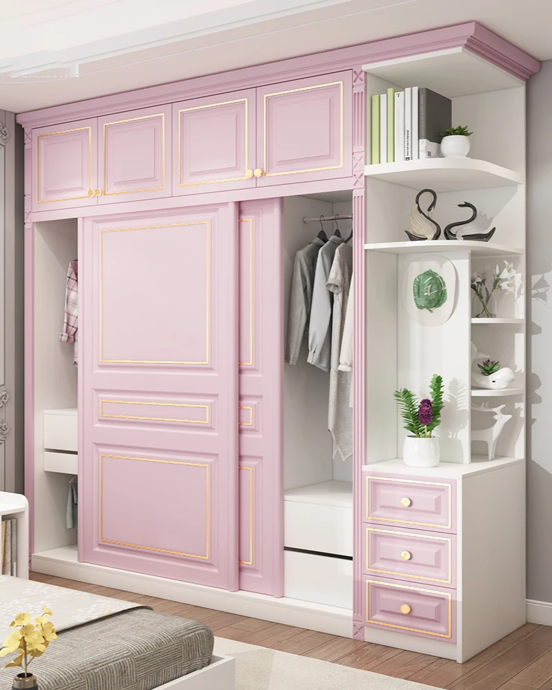 Шкаф-купе для спальни с раздвижной дверью Современный и простой скандинавский небольшой модуль в сборе Светло-роскошный Розовый шкаф-купе с раздвижной дверью